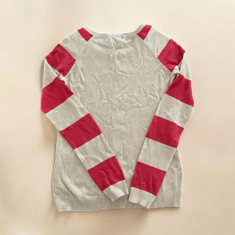 Pink Rose Cream and Red Striped Crewneck Pullover Sweater